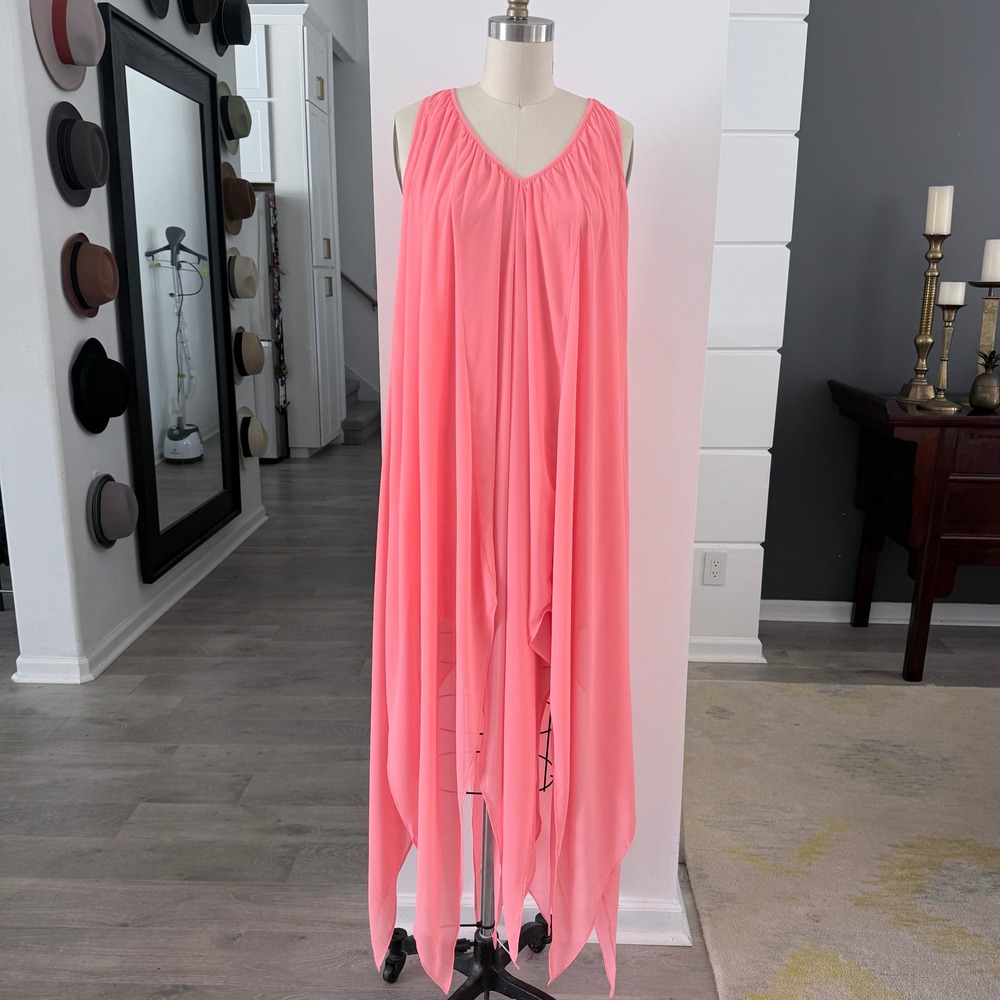 Michael Kors Caribbean Pink Chiffon Sharkbite Hem V-Neck Midi Dress NWT Small